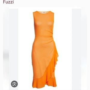 NEW Fuzzi, Jean Paul Gaultier, Ruffle Mesh Dress, Orange/Minio, Sz S